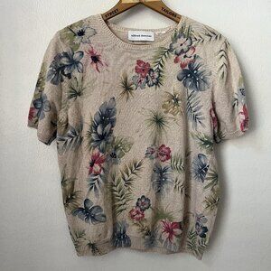 Vtg Alfred‎ Dunner beige floral tropical short sleeve sweater M coastal grandma